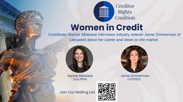 A poster with two women and the words " women in credit ".